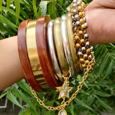 Wooden Bangle With Chain Stack