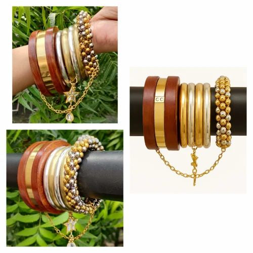 Wooden Bangle With Chain Stack